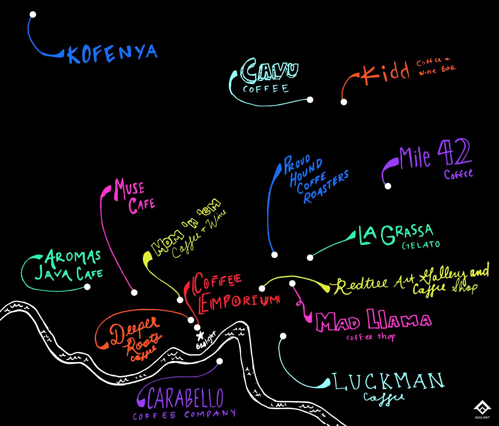 Sketch labeling local coffee shops on a black map.