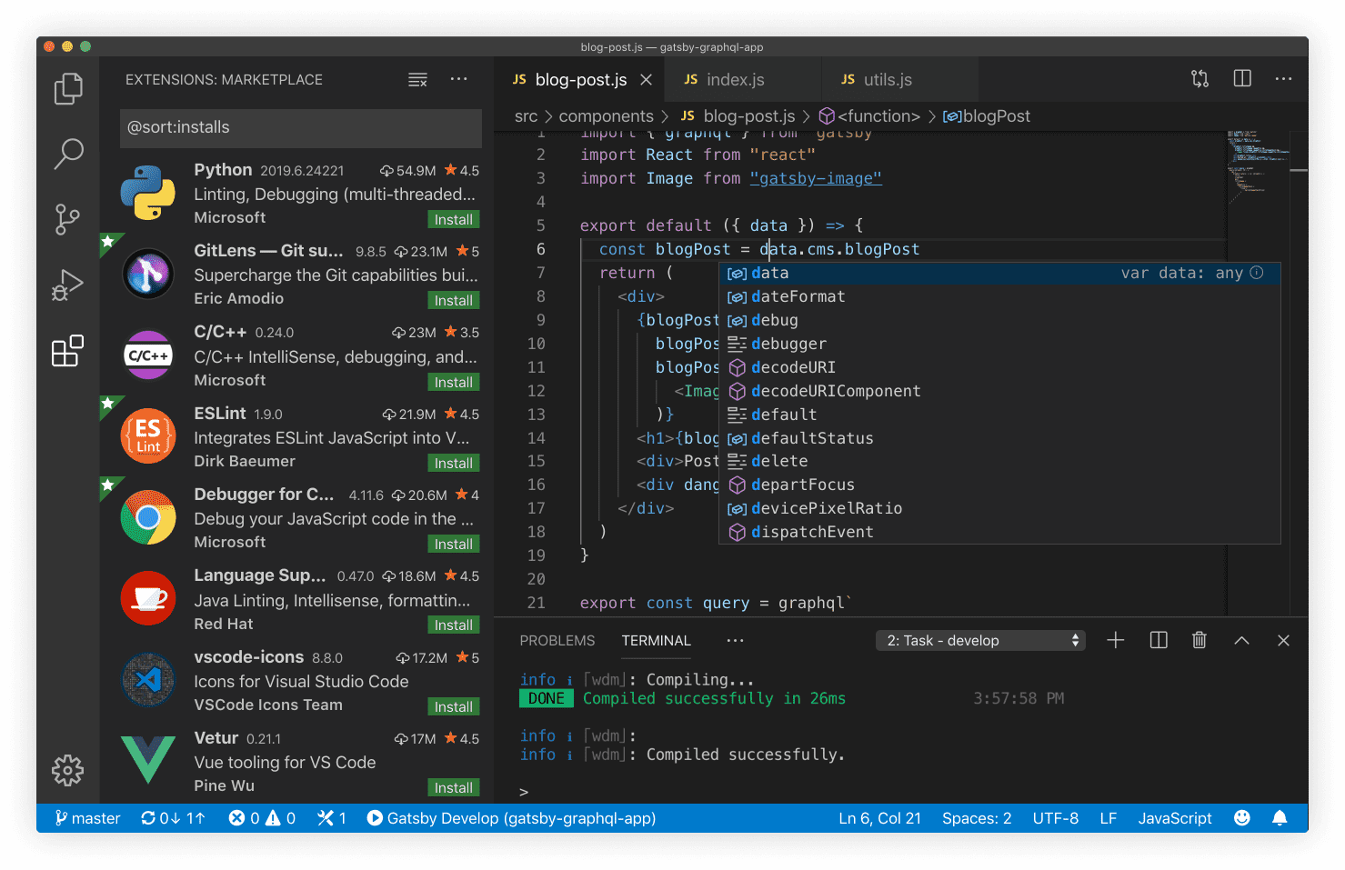 the home screen layout for VS Code